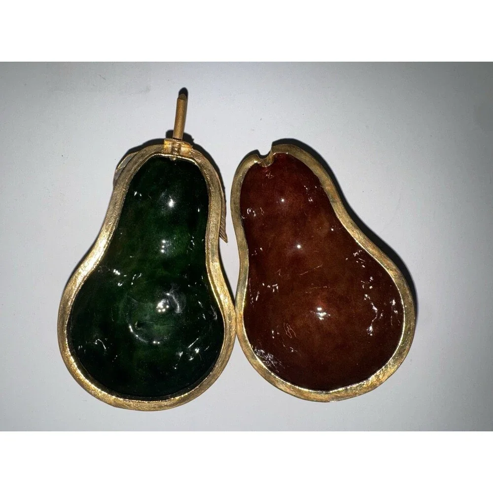 Vintage Cloisonné Pear Trinket Boxes Set of 3 Brass Enamel Lift-Off Lids
